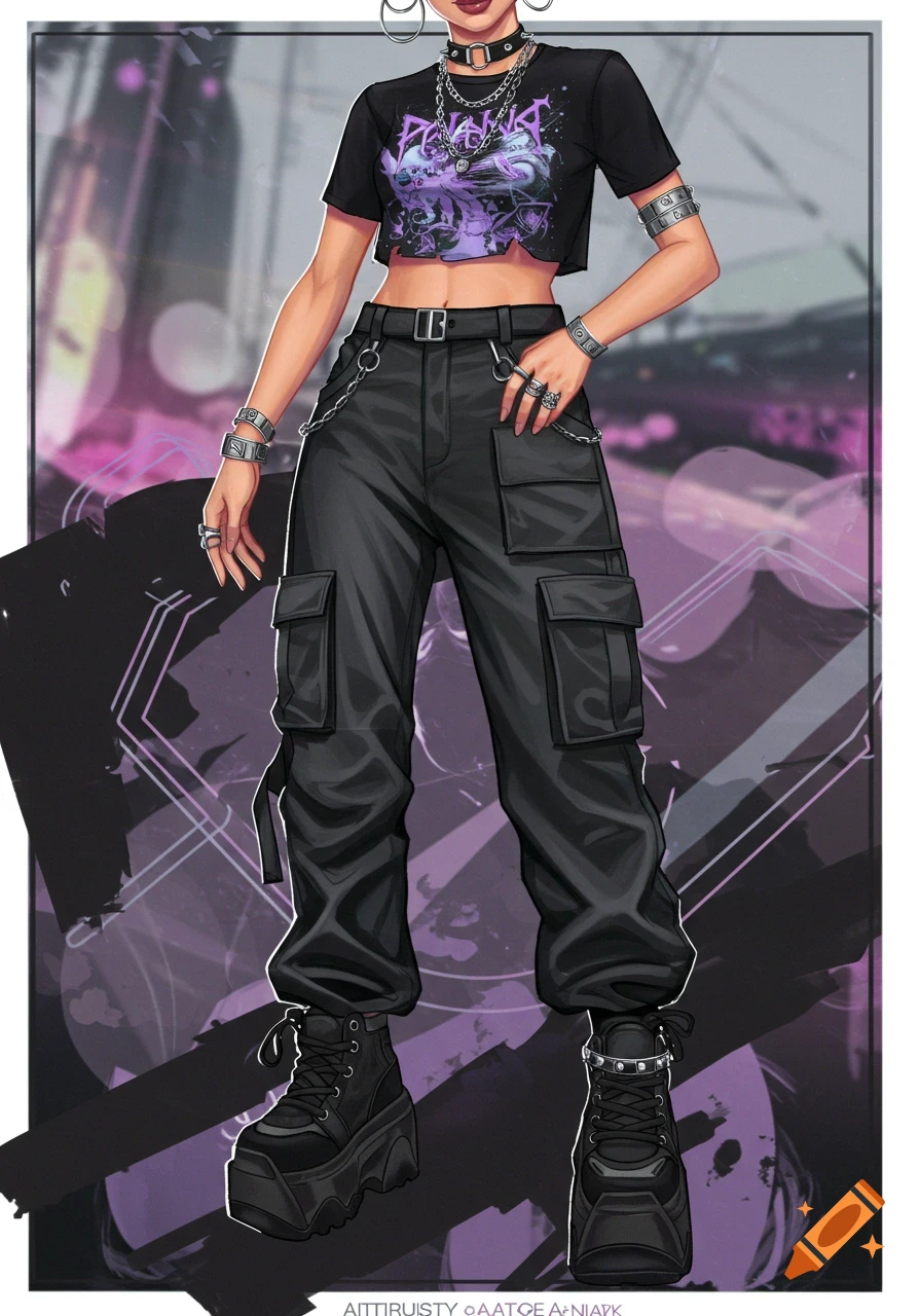 A stylized illustration of a person wearing a black cropped t-shirt with a purple graphic, black cargo pants with chains, and chunky black platform boots. The background is blurred with purple and black abstract shapes.