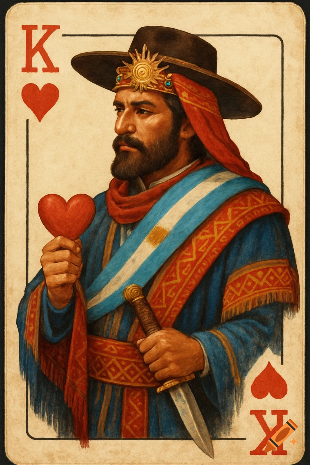 A richly detailed illustration of a King of Hearts playing card featuring a bearded man in a hat and elaborate robes, holding a red heart and a dagger.