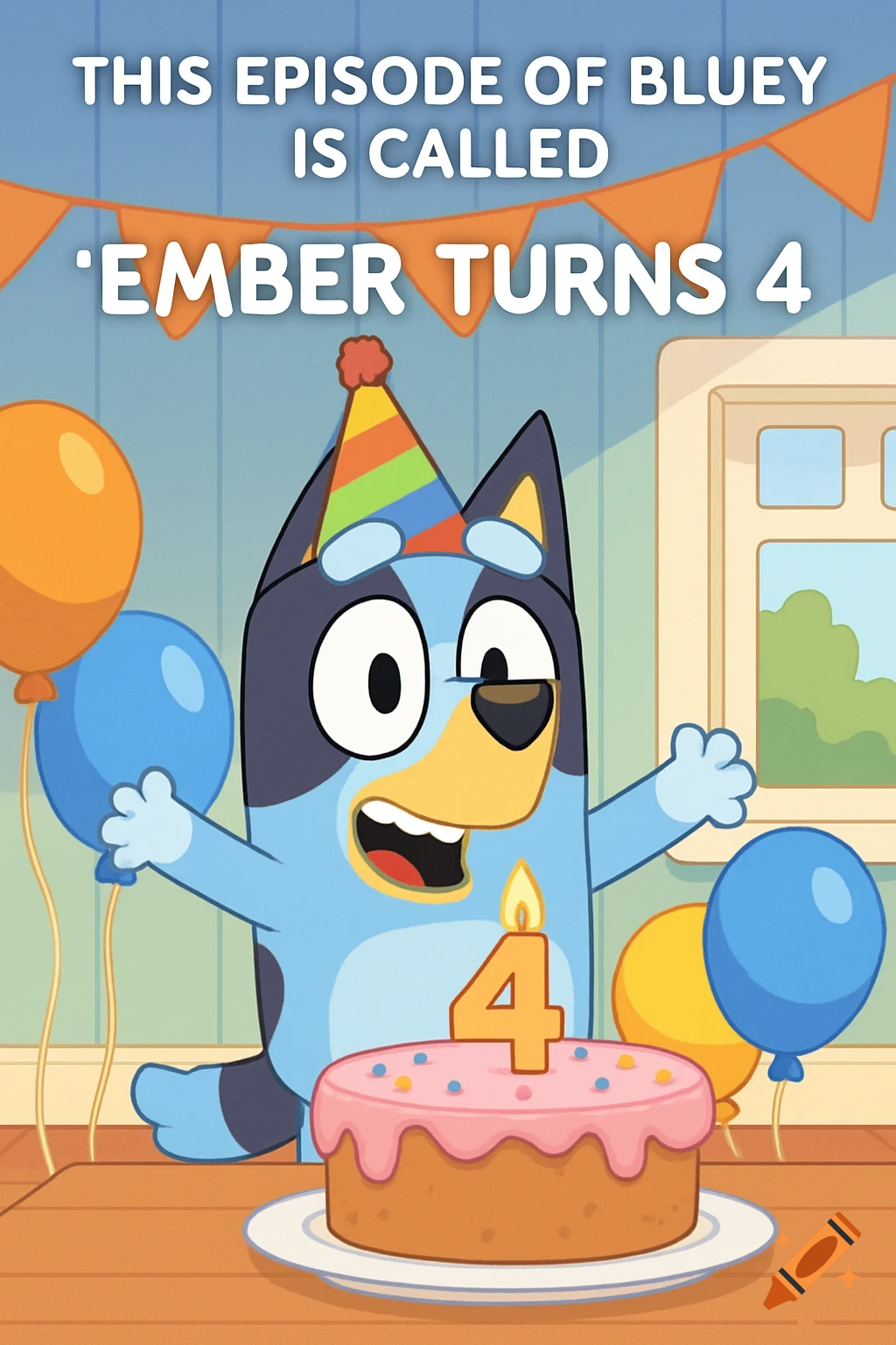 Bluey cartoon character wearing a party hat, standing next to a birthday cake with a number 4 candle, surrounded by balloons.