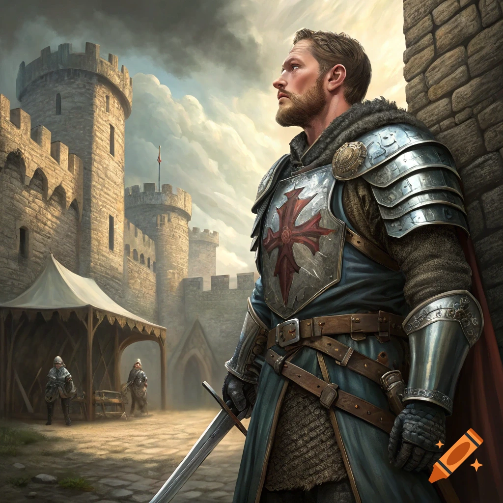 A knight in detailed armor stands by a castle, looking up, with a sword at his side.