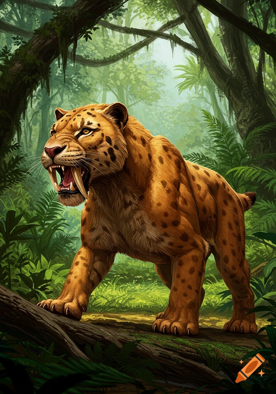 An illustration of a fierce saber-toothed tiger roaring in a lush green jungle.