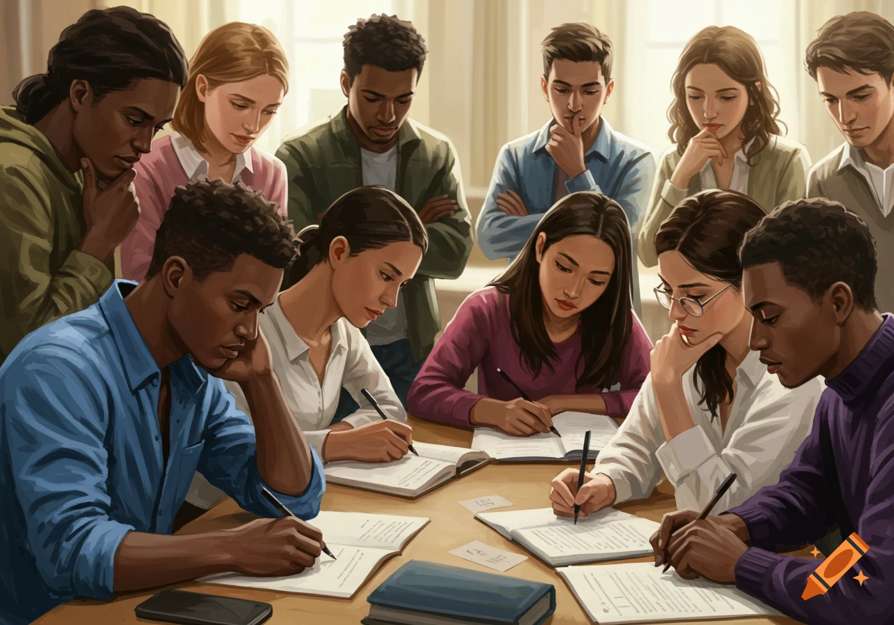 Diverse adult students, men and women, gathered around a