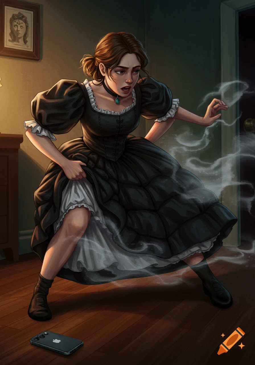 An illustrated young woman in a black Victorian dress struggles to remove it, with white mist rising from it and an iPhone on the floor in a dim room.