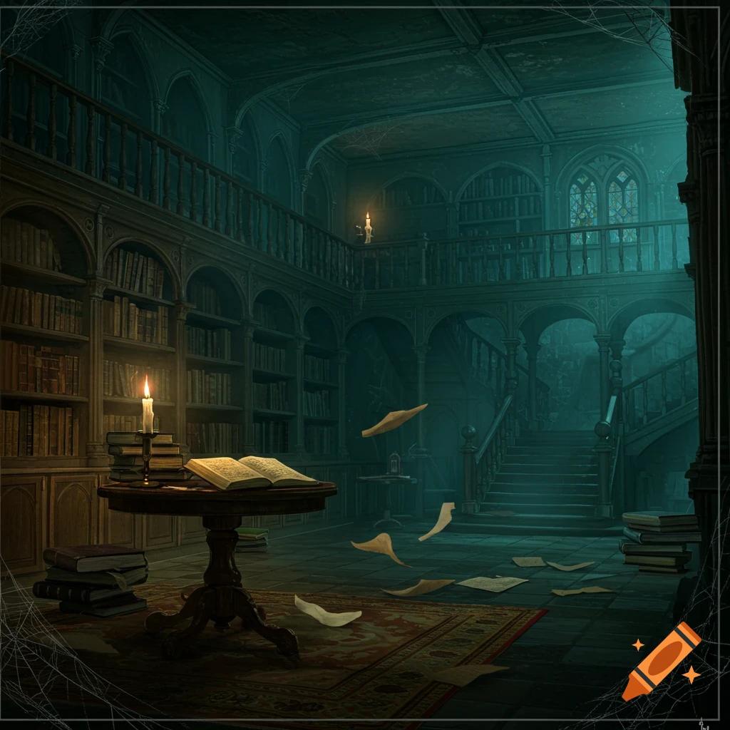A dark, atmospheric gothic library with tall bookshelves, a grand staircase, a lit candle, an open book, and floating papers.