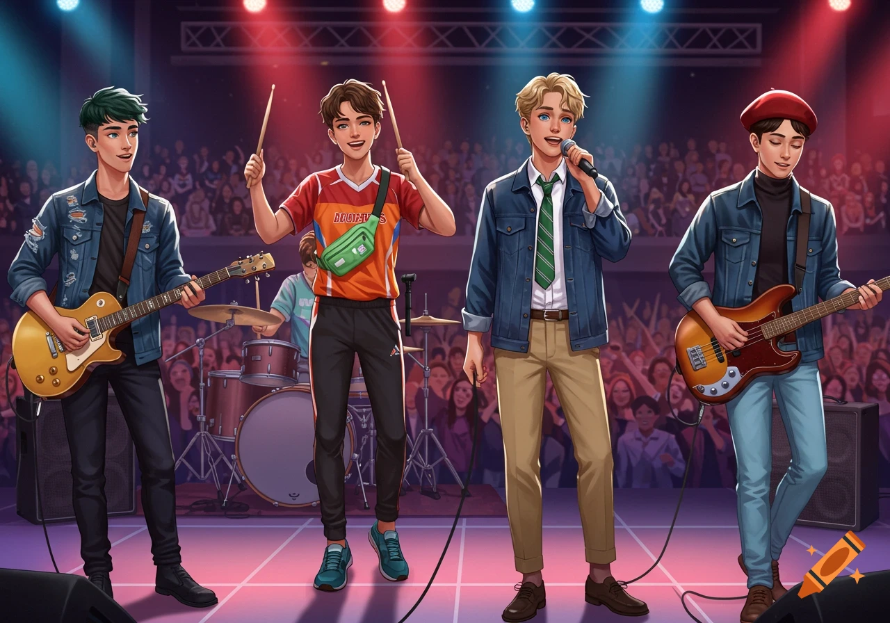 An anime-style male band performs on a brightly lit stage in front of a large audience, with a guitarist, drummer, vocalist, and bassist.