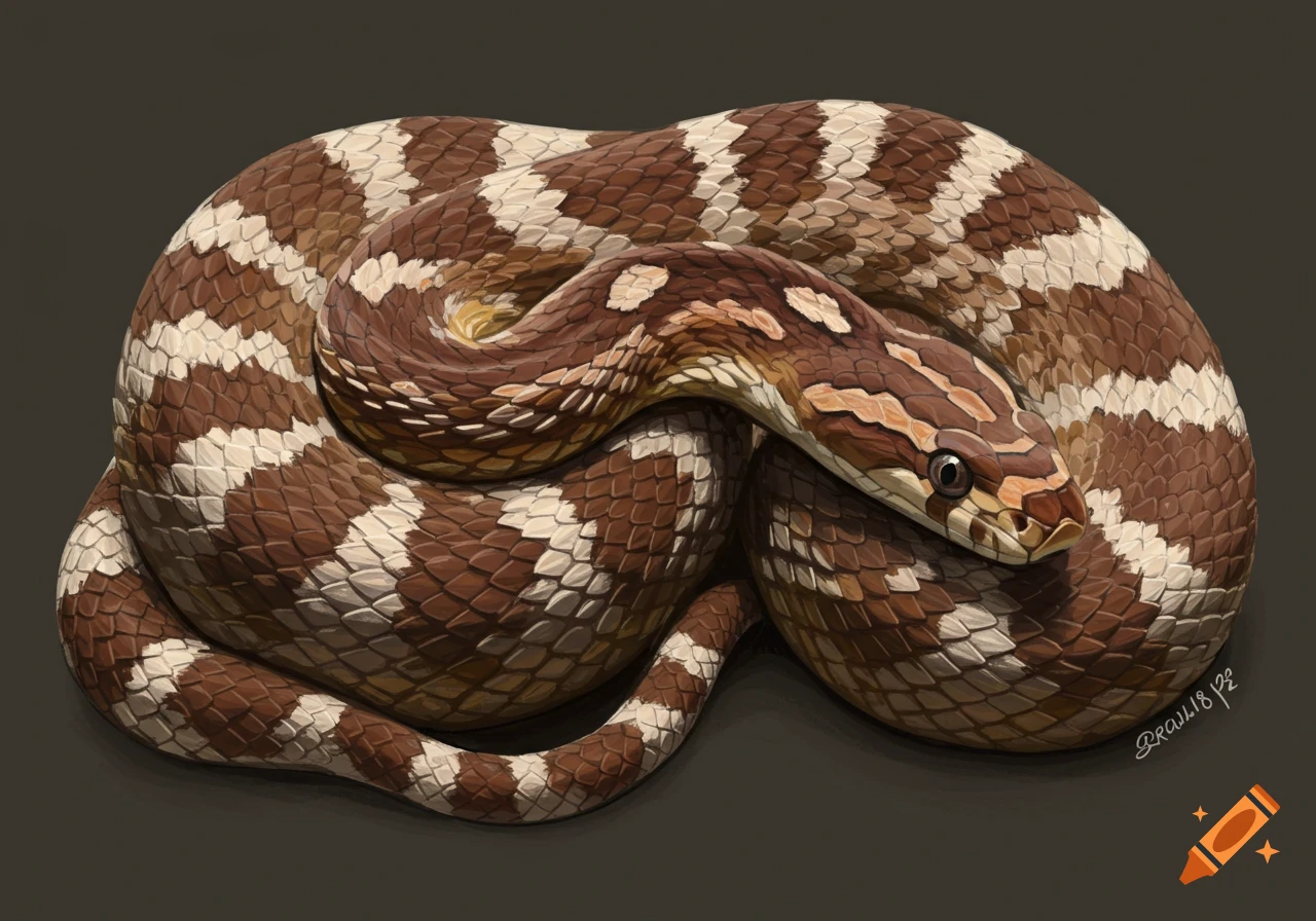 A coiled brown and white snake with intricate scale patterns on a dark background.