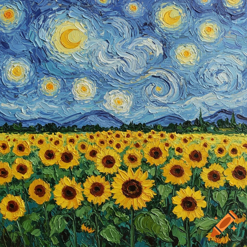 An impasto painting of a field of sunflowers under a vibrant, starry night sky in the style of Van Gogh.