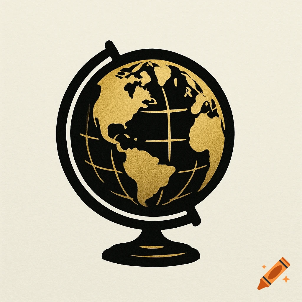 A minimalist logo featuring a black globe with gold continents on a black stand, set against an off-white background.