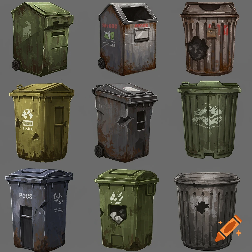 Nine stylized, worn, and rusted garbage cans in various shapes and colors (green, grey, yellow, brown) are arranged on a dark background.