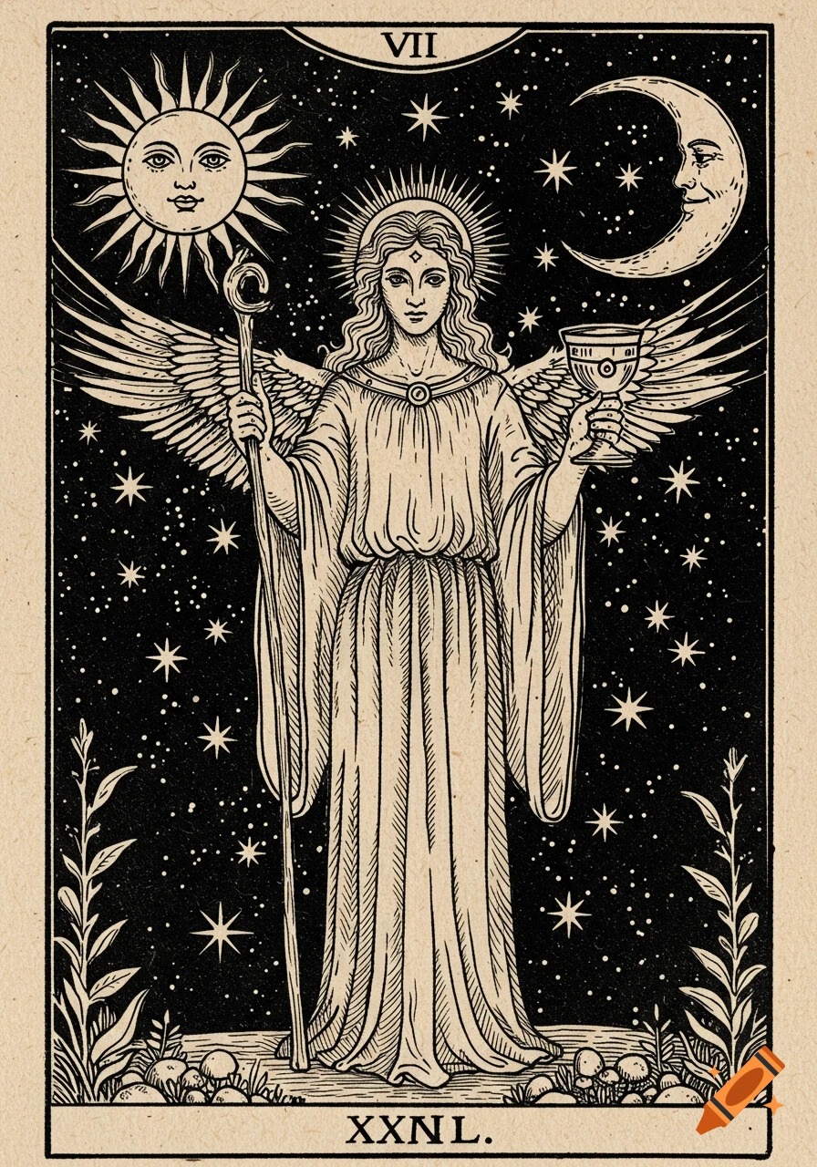 Monochrome tarot card with a winged being holding a staff and cup, surrounded by sun, moon, and stars, in a woodcut style.