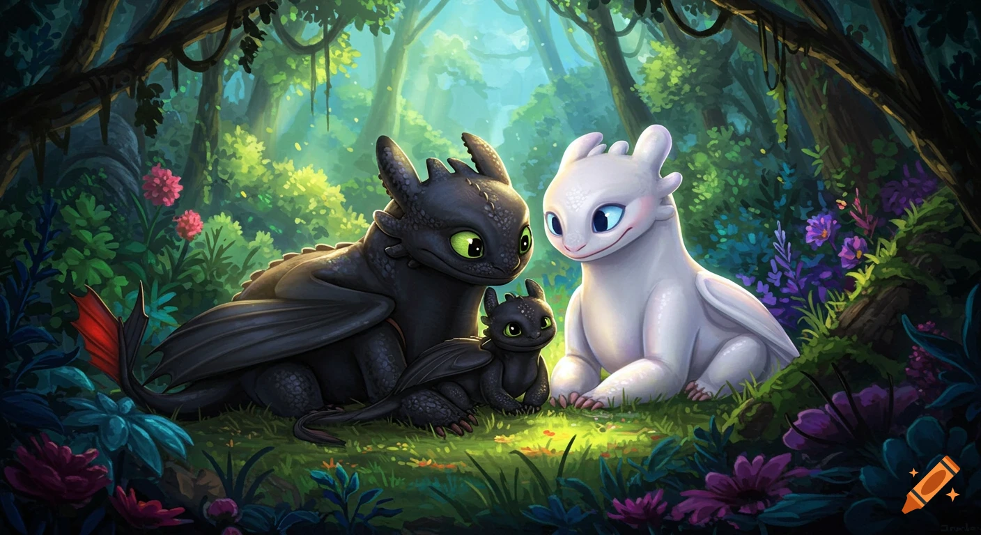 Toothless and Light Fury with their baby dragon in a vibrant, lush forest.