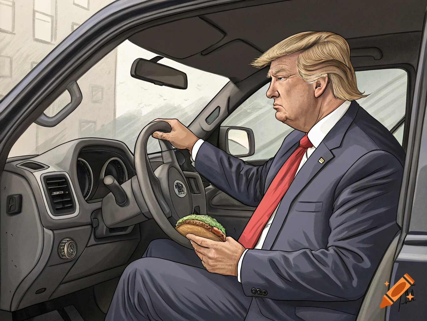 A cartoon illustration of Donald Trump sitting in a car, holding a taco.
