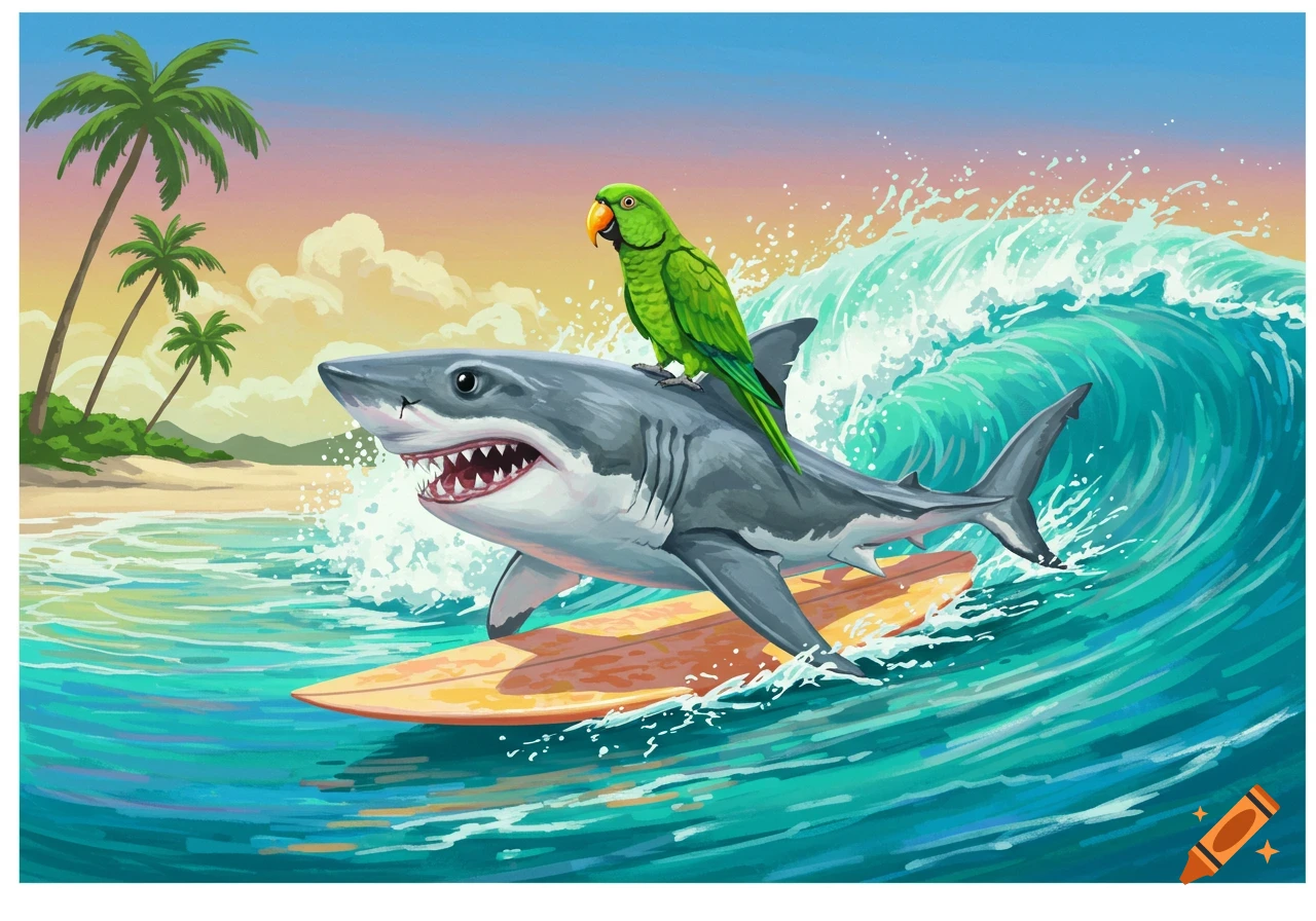 Cartoon shark surfing on a surfboard with a green parrot on its back at a tropical beach during sunset.