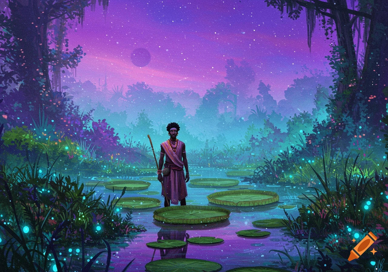 An African American person stands in a vibrant, surreal swamp with glowing plants under a purple starry sky.