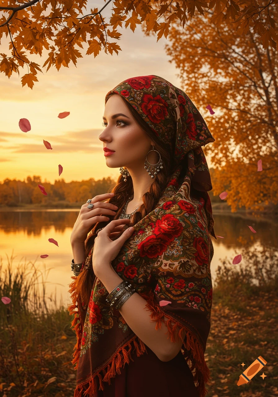 Mystical autumn portrait of a woman in an embroidered headscarf by a tranquil lake at sunset with falling petals, detailed digital fantasy art.