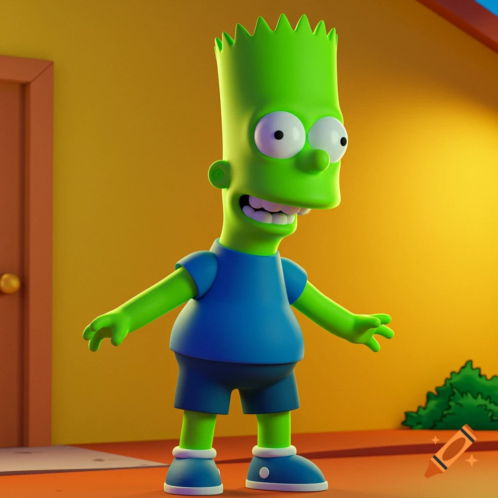 A 3D rendered, stylized green Bart Simpson stands in a yellow room, smiling with his arms out.