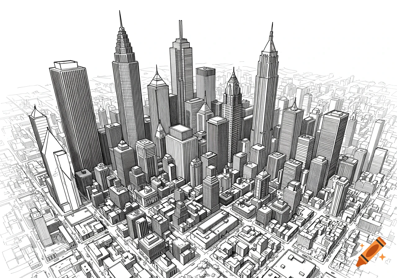 Black and white vector drawing of an urban cityscape from an aerial perspective, showing many detailed skyscrapers and buildings.