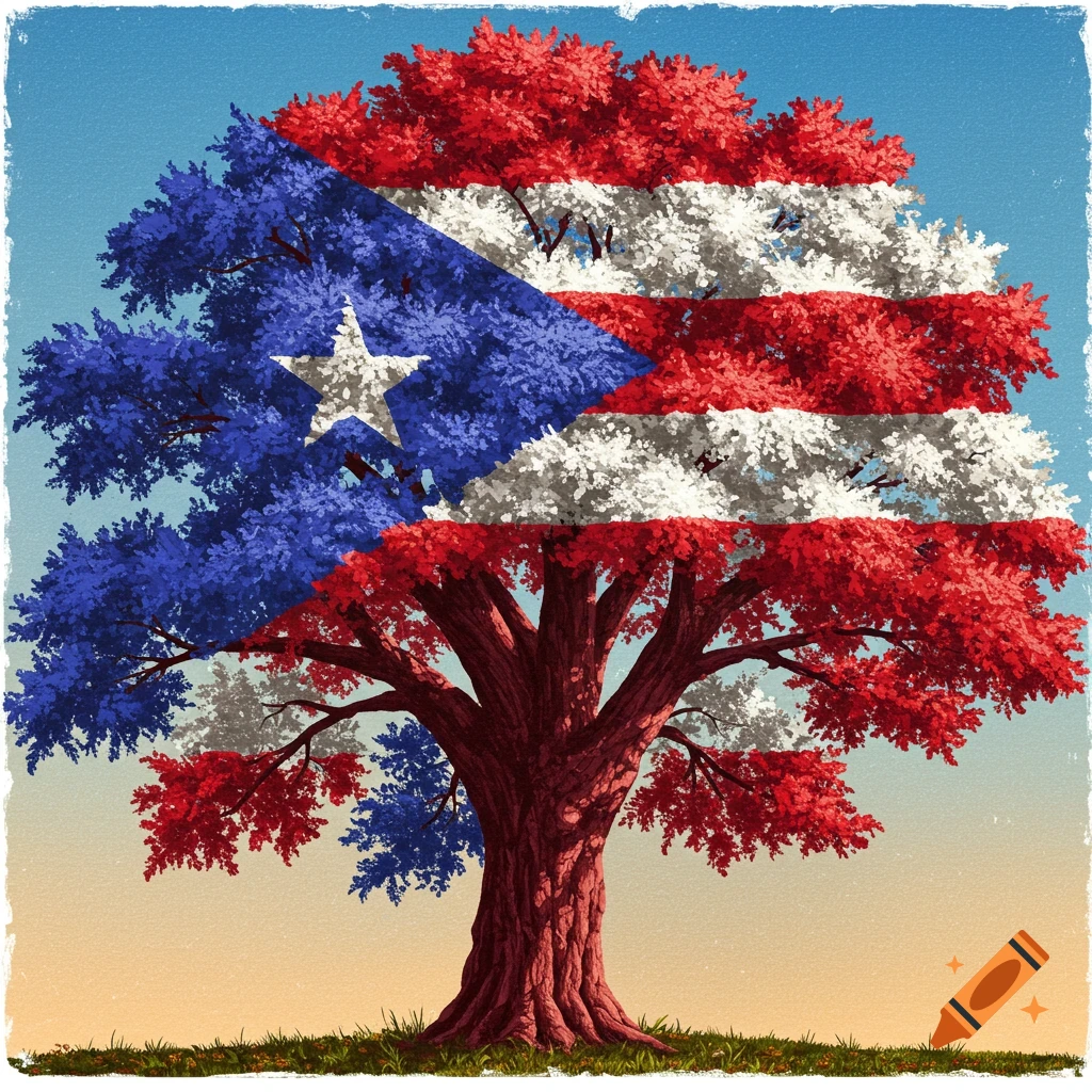 A stylized tree with its leaves colored in the pattern of the Puerto Rican flag, set against a gradient sky.