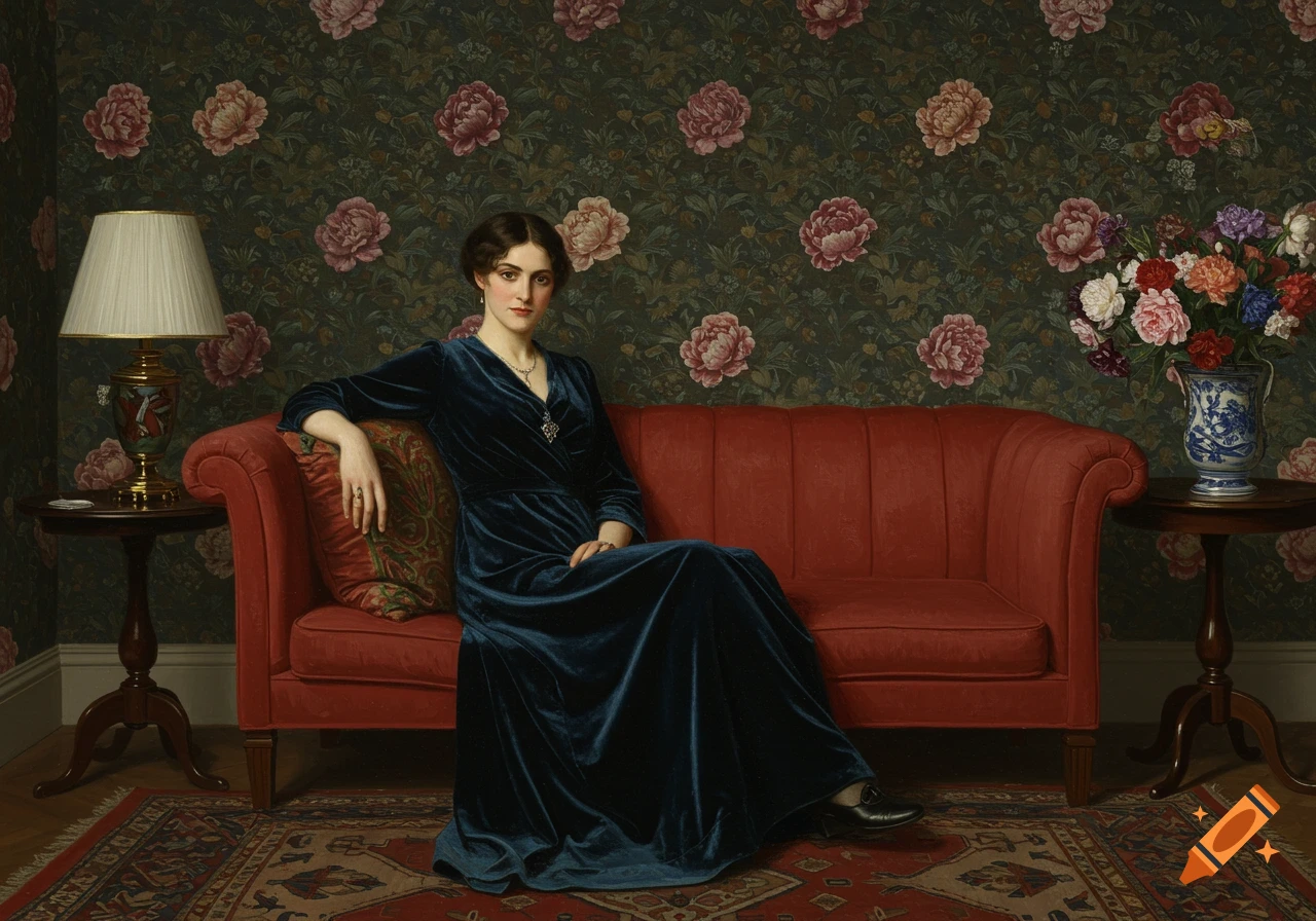 Painting of a dark-haired woman in a blue velvet dress sitting on a red couch, with floral wallpaper and a vase of flowers.