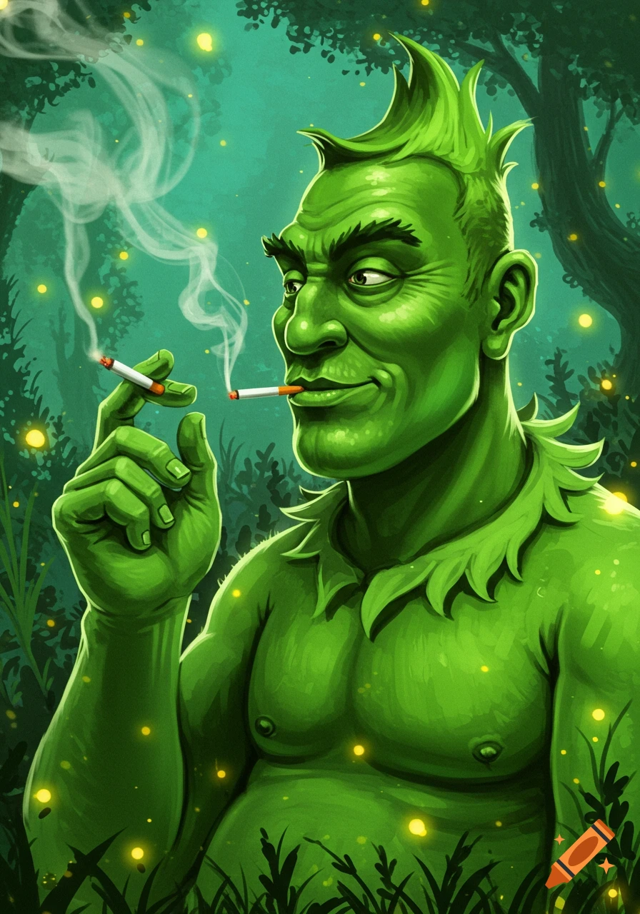 A large green man with spiky hair smokes two cigarettes in a dark, firefly-lit forest, in a stylized illustration.