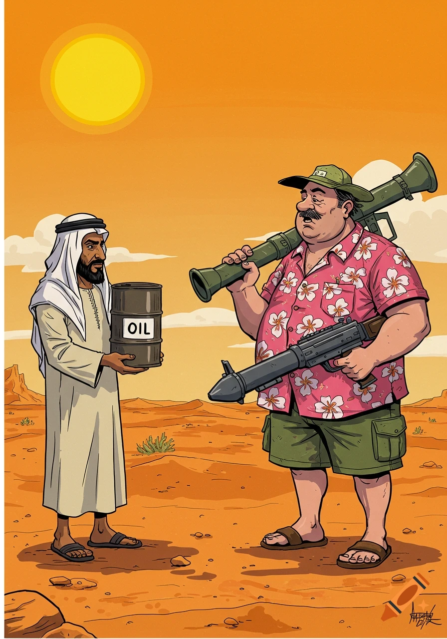 Cartoon illustration of a Middle Eastern man offering oil to a man with a rocket launcher in a desert.