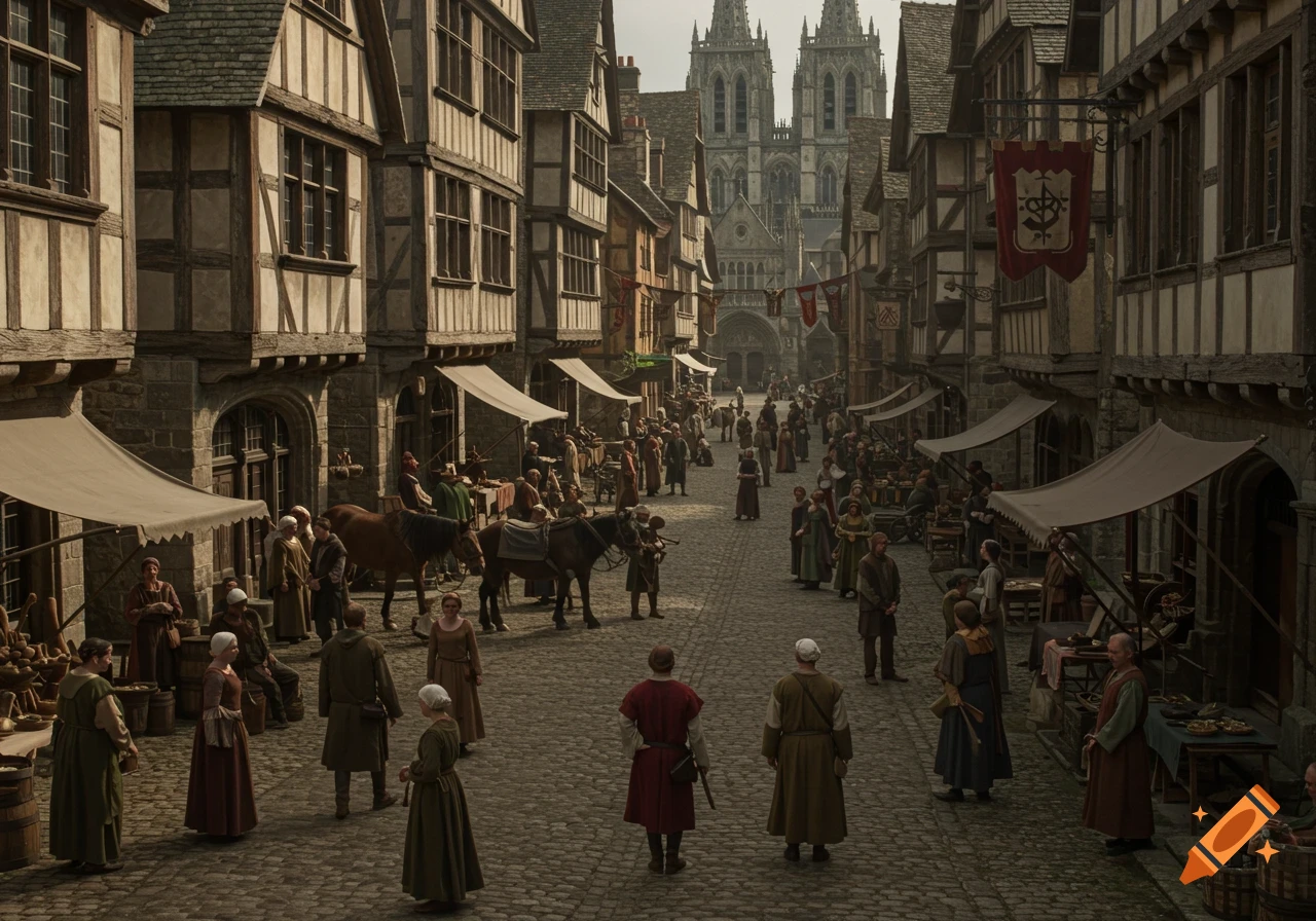 A bustling medieval town square with half-timbered buildings, market stalls, and a large cathedral in the background, filled with people in historical attire. Photorealistic.