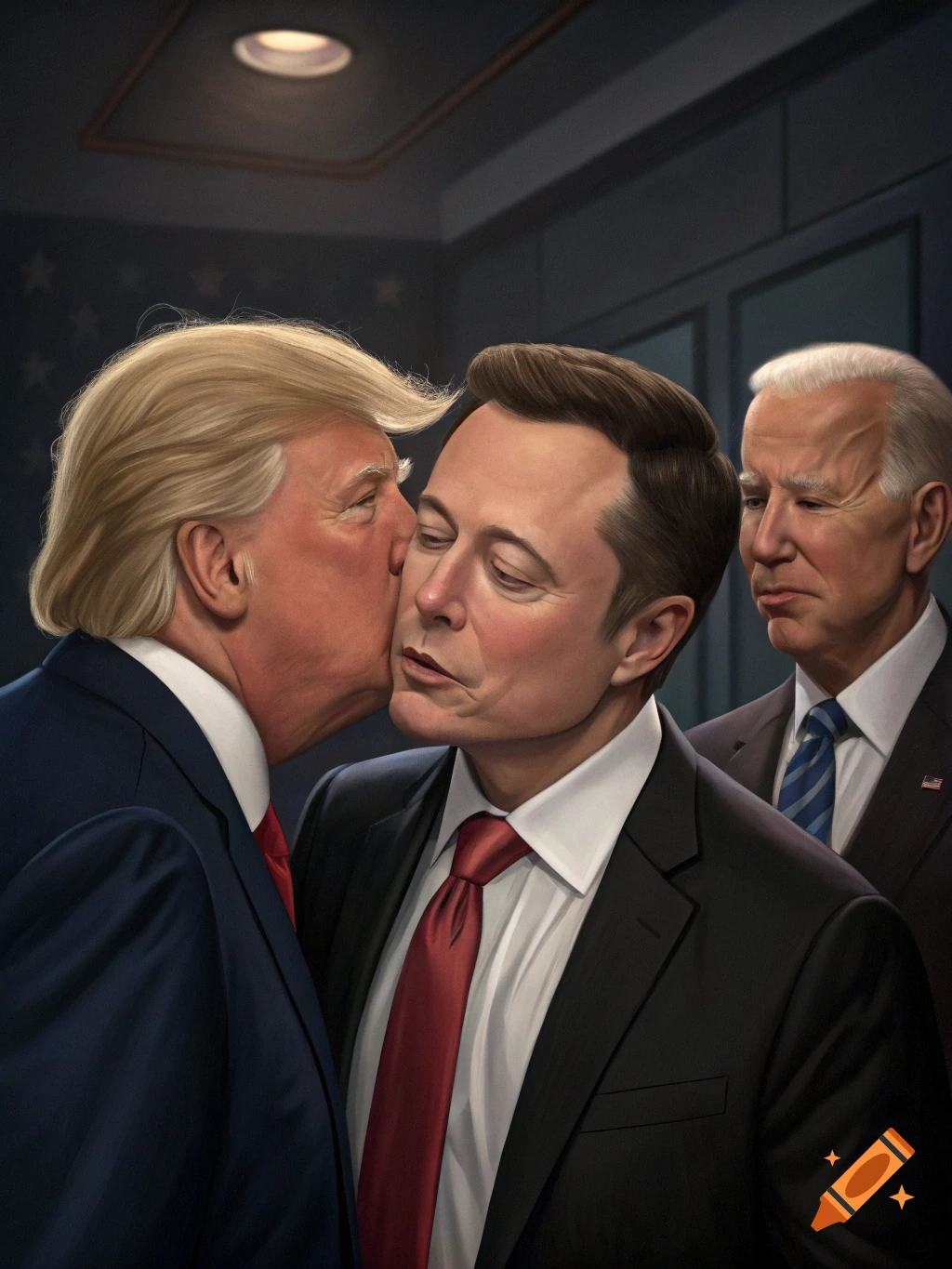 Donald Trump kisses Elon Musk on the cheek while Joe Biden looks on sadly in a realistic painted style.