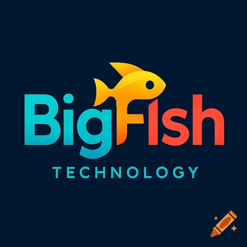 Modern logo for BigFish Technology featuring an abstract yellow and orange fish integrated into the blue and red 'BigFish' lettering, with 'TECHNOLOGY' below, on a dark blue background.