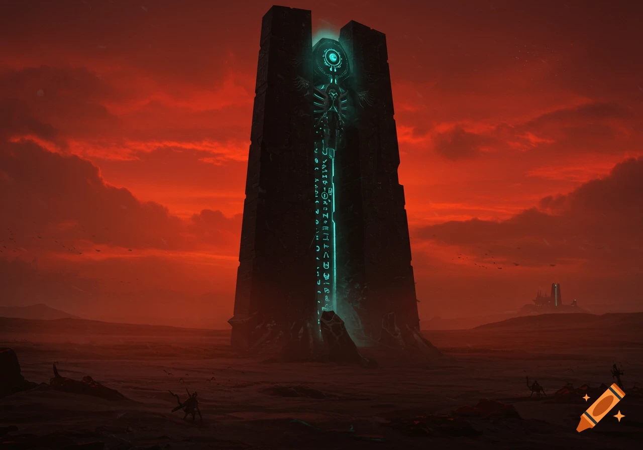 A towering, dark monolith with glowing turquoise runes stands in a ...
