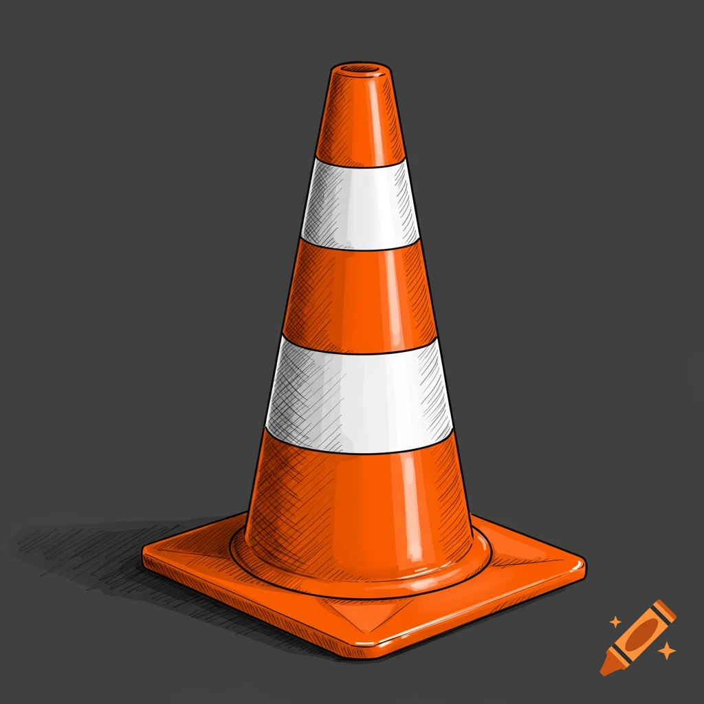 A stylized sketch illustration of an orange traffic cone with white stripes on a dark gray background.
