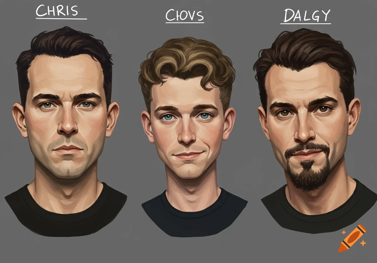Digital art of three male portraits, labeled Chris, Ciovs, and Dalgy, against a grey background.