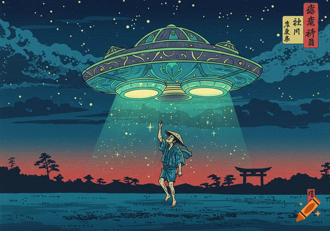 Japanese woodprint style art of a UFO beaming up a person at night, with stars and a torii gate.