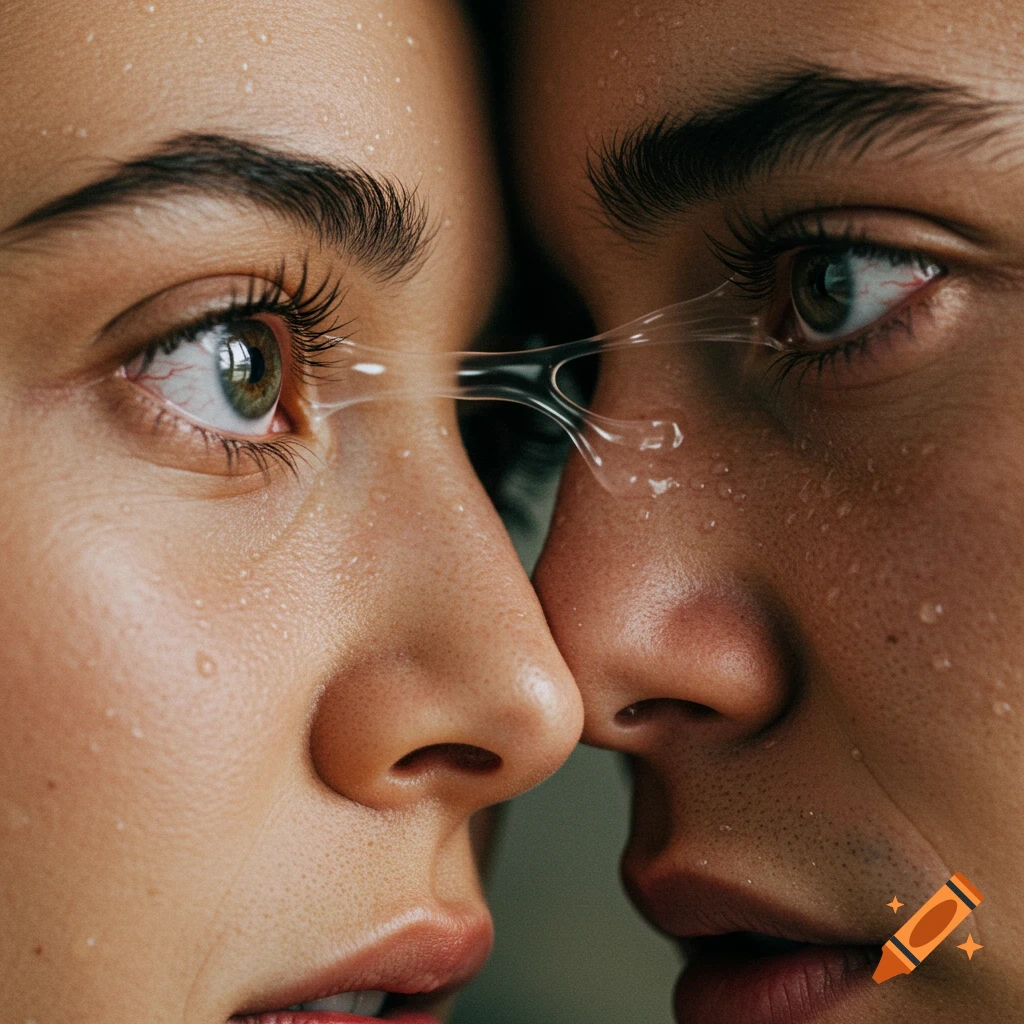 Photorealistic close-up of two people's faces with eyes touching, clear fluid visibly joining their eyes.