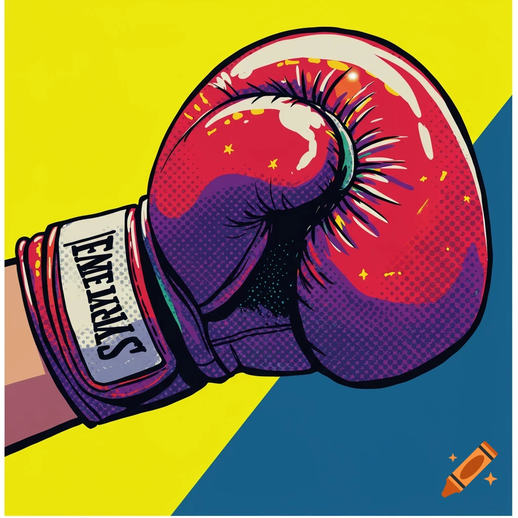 A red and purple boxing glove in a vibrant pop art style against a yellow and blue background.