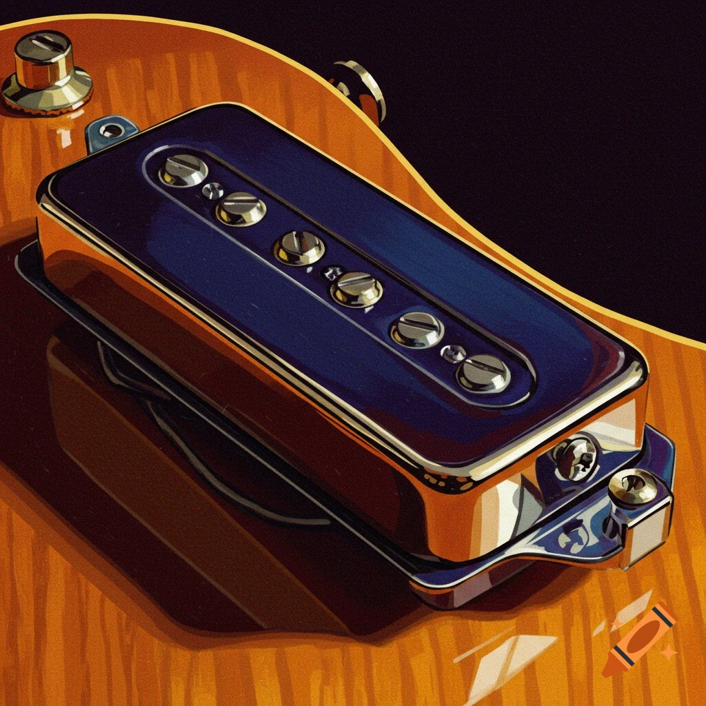 Close-up of a dark blue guitar humbucker pickup with silver screws on a glossy, light brown wooden guitar body.
