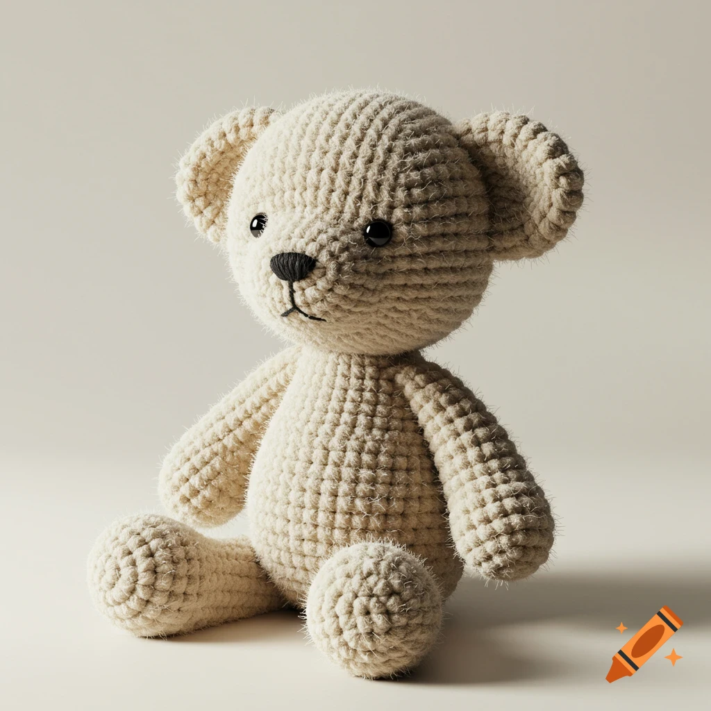 A realistic, detailed crocheted teddy bear sits against a neutral background.