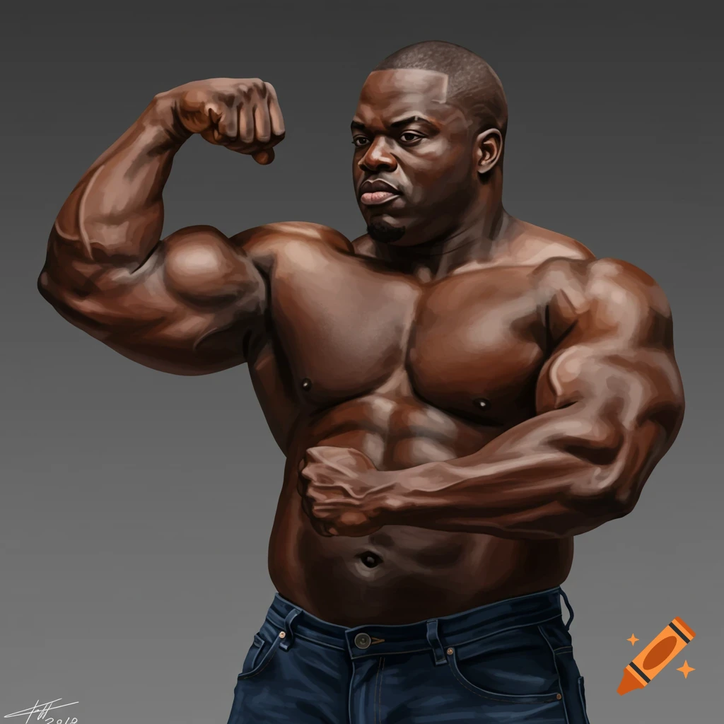 Digital painting of a very muscular Black man flexing his bicep, wearing blue jeans.