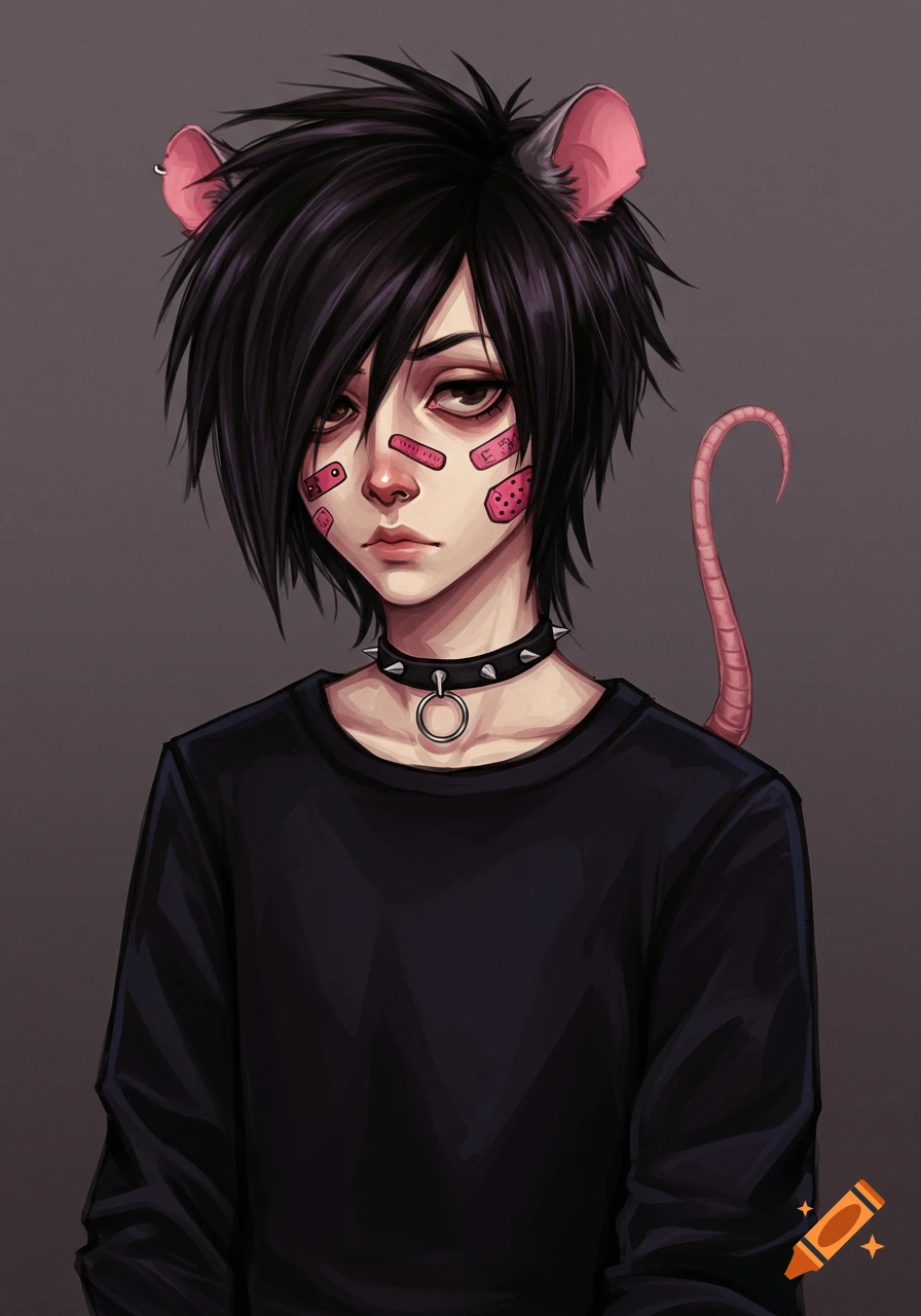 Anime-style portrait of an emo person with black spiky hair, rat ears, a choker, and pink band-aids on their face, looking bored.