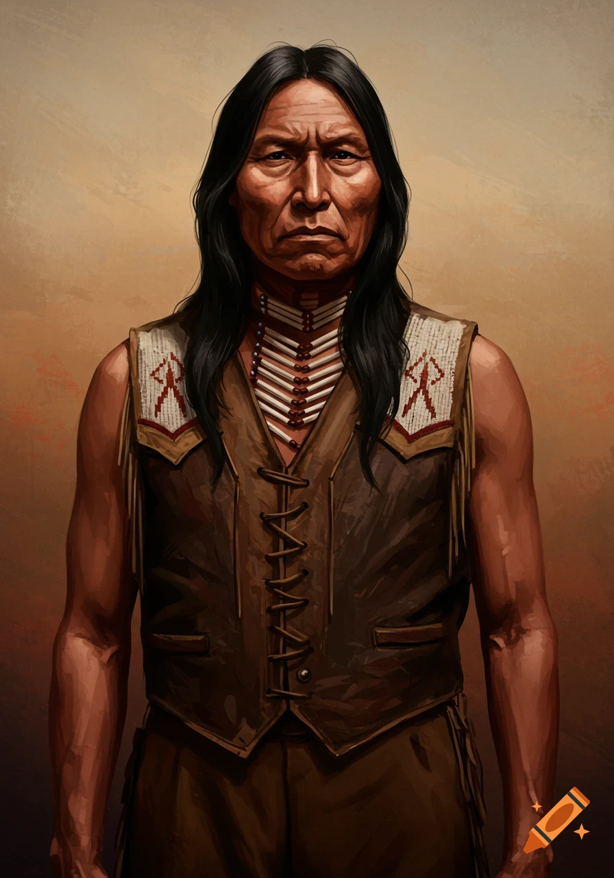 Digital painting portrait of a stoic Native American man with long dark hair, wearing a traditional vest and bone necklace, looking straight on.