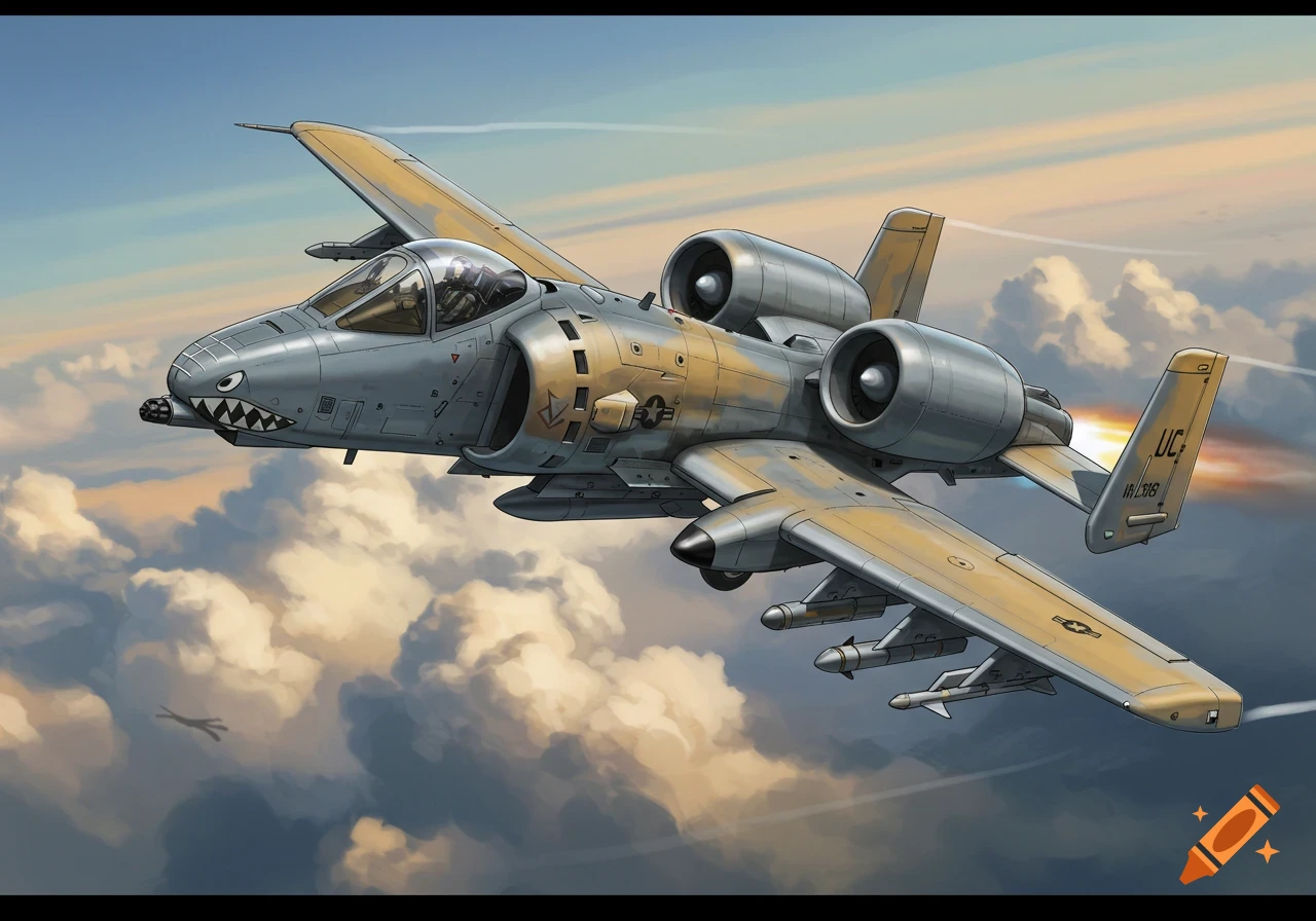 Illustrated grey and tan hybrid A-10C Thunderbolt II and AV-8B Harrier aircraft flying through clouds in a colorful sky.