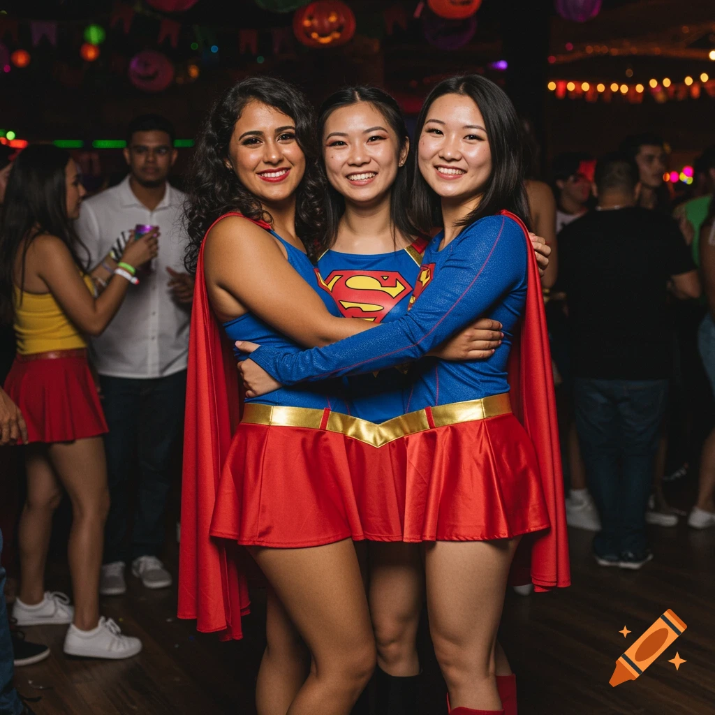 Three smiling women in Supergirl costumes embracing at a Halloween party.