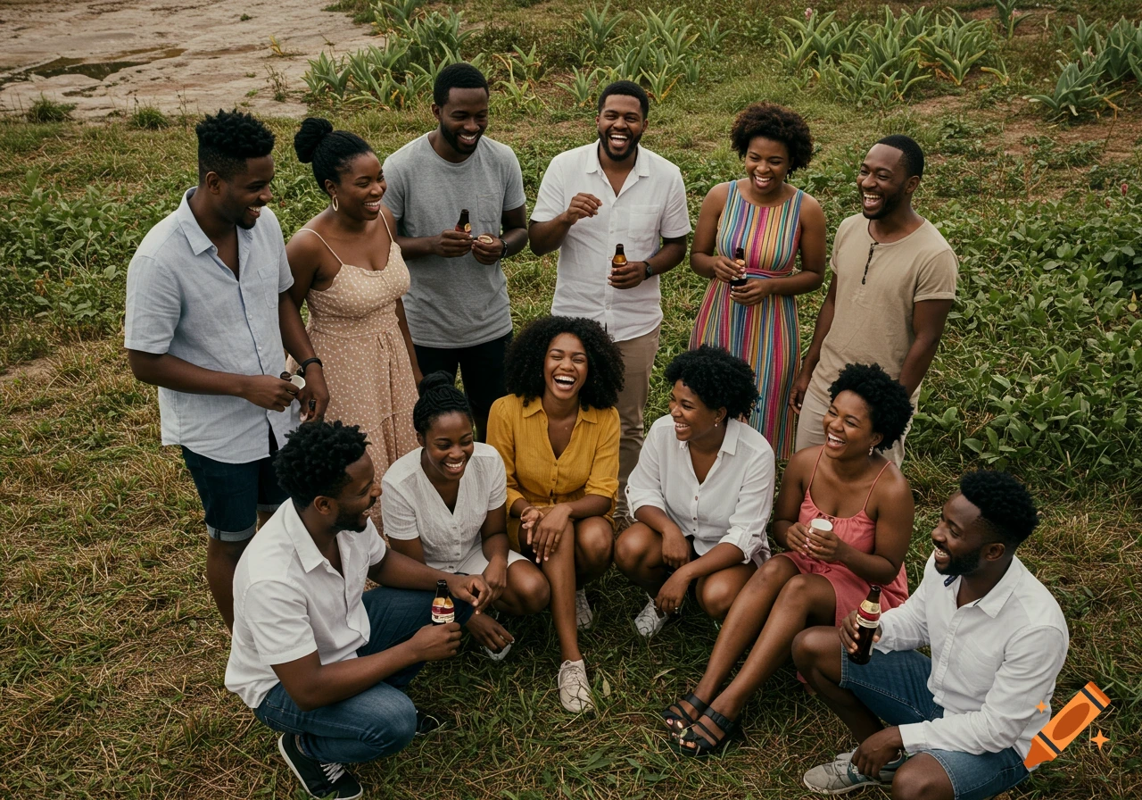 A large group of smiling Black adults socialize outdoors in a grassy area, holding drinks.