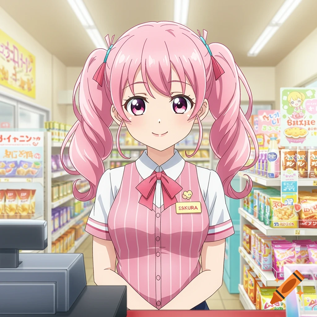 An anime girl with pink hair in pigtails smiles while standing behind a counter in a convenience store.