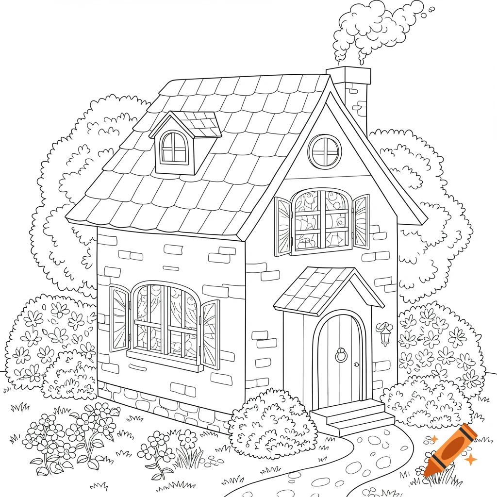 A line drawing of a cute, traditional house with a smoking chimney, surrounded by bushes and flowers, and a path.