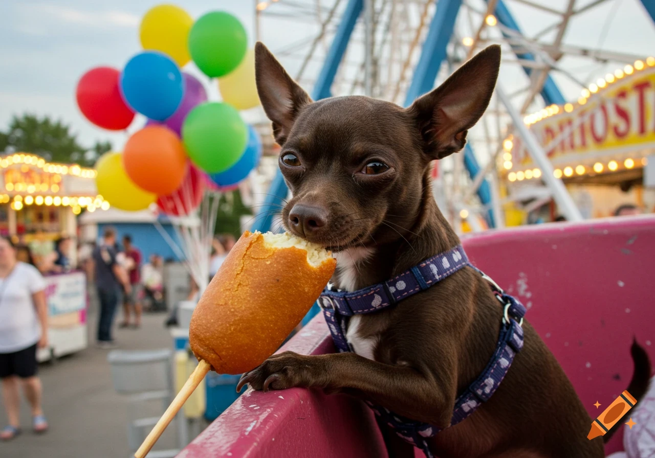 A photorealistic dark brown chihuahua eats a corn dog at a state fair with colorful balloons in the background.