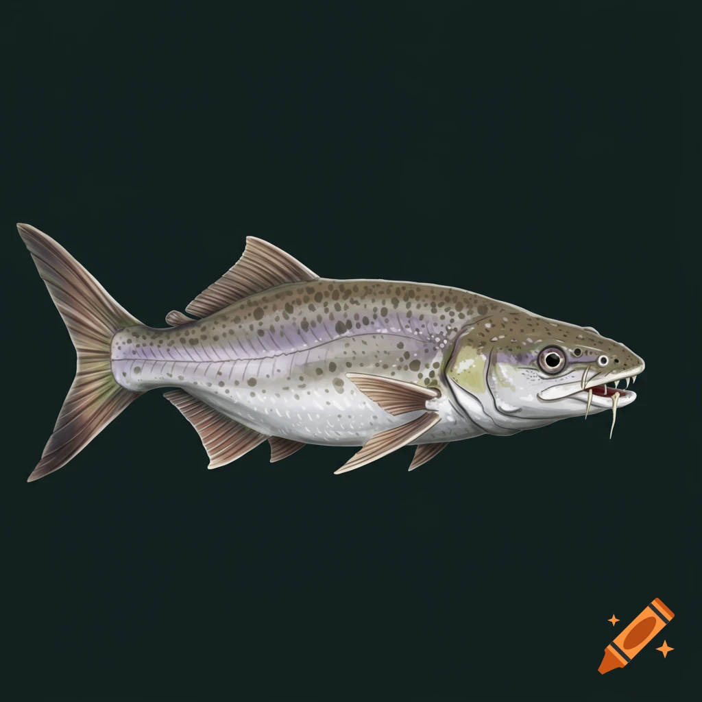 A detailed illustration of a dogfish with an elongated body, sharp teeth, barbels, and a spotted pattern, against a dark background.