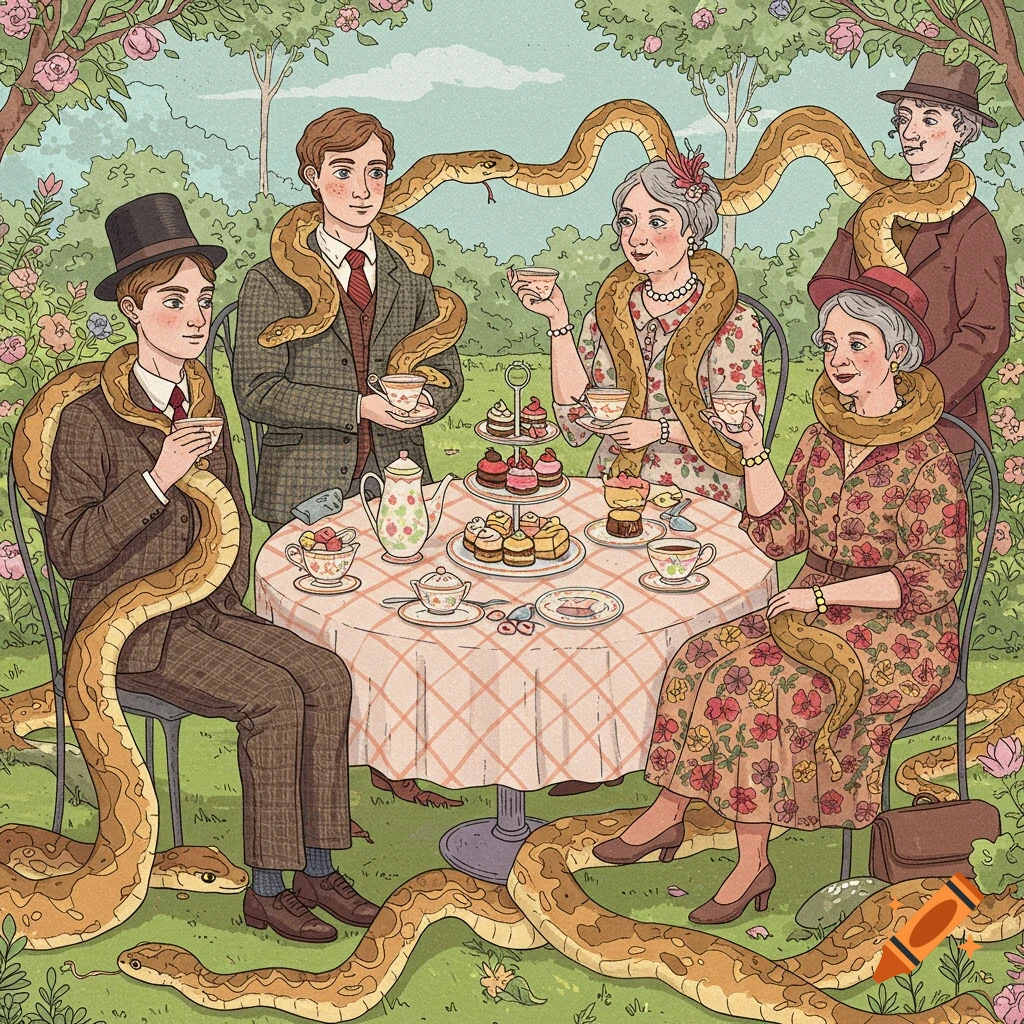 Five people, including two men and three women of varying ages, attend a whimsical tea party in a lush garden, each draped with large, winding snakes around their necks and bodies. Cakes and tea are on the table, all in a charming, vintage illustration style.
