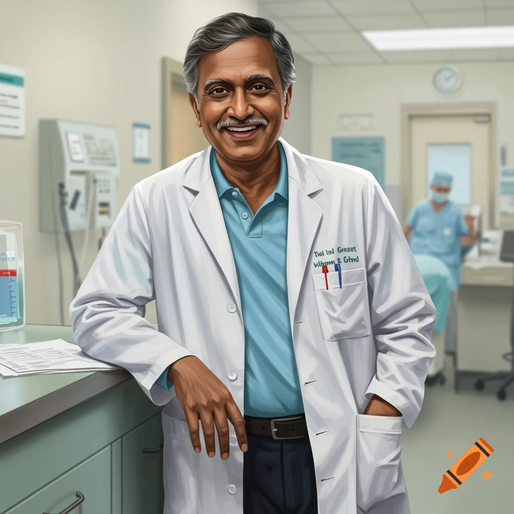 A smiling South Asian male doctor with a mustache in a white lab coat, leaning on a counter in a hospital, photorealistic style.