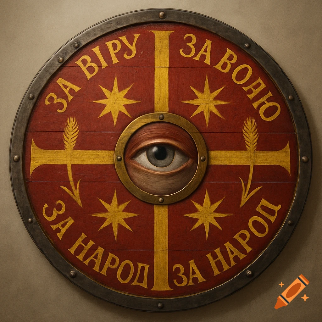 A detailed round red wooden shield with a golden cross, a central eye, stars, wheat, and Cyrillic text.
