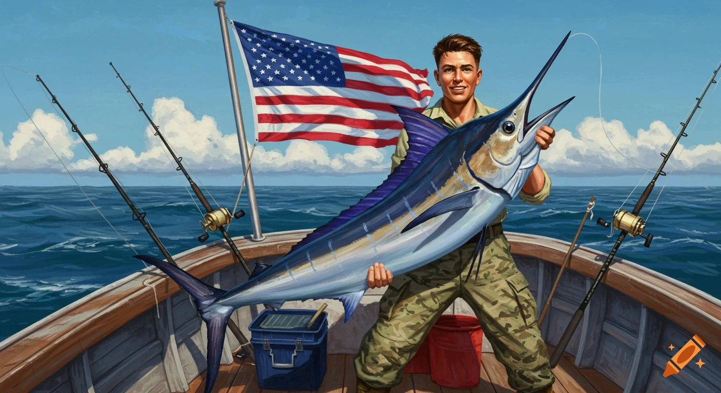 A man in camo holds a large marlin on a fishing boat, with an American flag flying behind him.